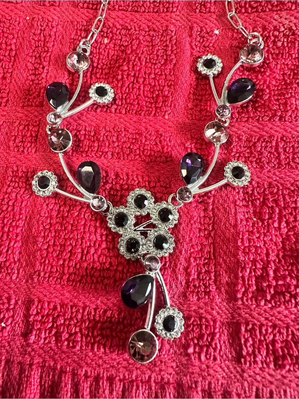 Silver-Tone Necklace with Purple and Black Crystal Drops